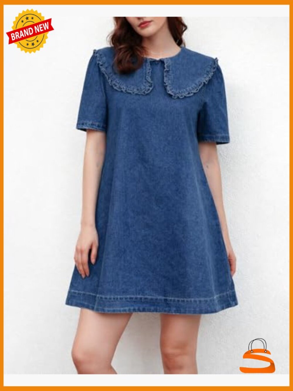 Peter Pan Collar Denim Mini Dress with Pockets Casual Summer - Picture 3 of 7